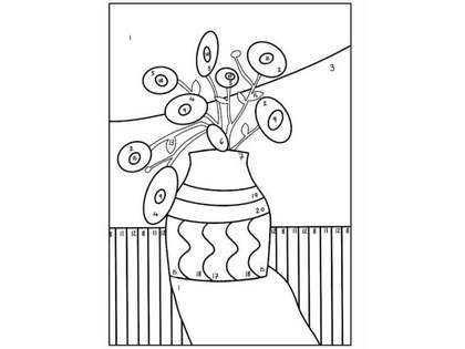 Colour-by-number line drawing of a vase of flowers, from the Harbs Collective Kids Art Trail 2026 activity sheet