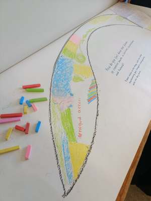 Community artwork sheet asking how people feel about creative health in Leicester, Leicestershire and Rutland, coloured in with pastels