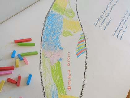 Community artwork sheet asking how people feel about creative health in Leicester, Leicestershire and Rutland, coloured in with pastels