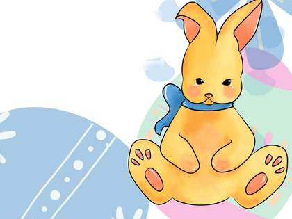 Watercolour Brampton Bunny in a blue bow, sitting among pastel Easter eggs and flowers