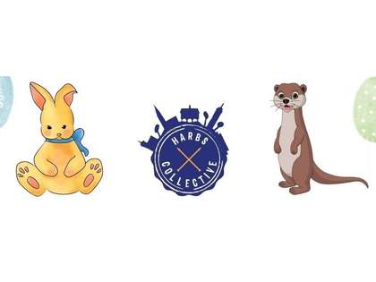 Watercolour Brampton Bunny in a blue bow, the round Harbs Collective logo and a cartoon otter, between pastel Easter eggs