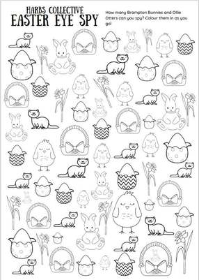 Harbs Collective Easter Eye Spy colouring sheet with bunnies, otters, chicks, eggs, baskets and daffodils