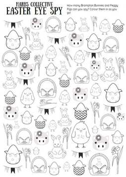 Harbs Collective Easter Eye Spy sheet: find and colour the Brampton Bunnies and Peggy Pigs among Easter pictures