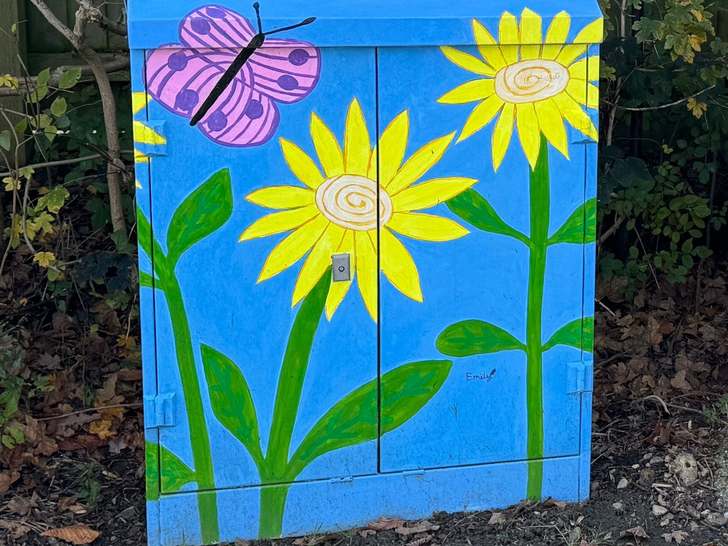 Utility cabinet on Farndon Road painted with sunflowers and a pink butterfly on a blue background