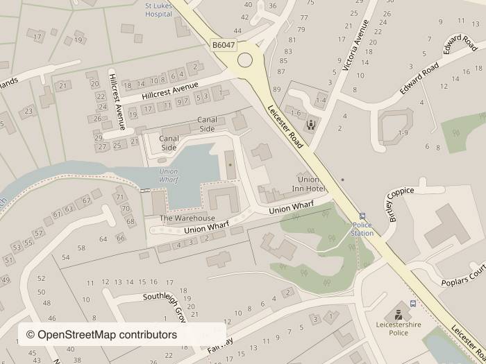 Street map around Union Wharf, Market Harborough LE16 7UW, with stop 10 marked. Opens Google Maps.