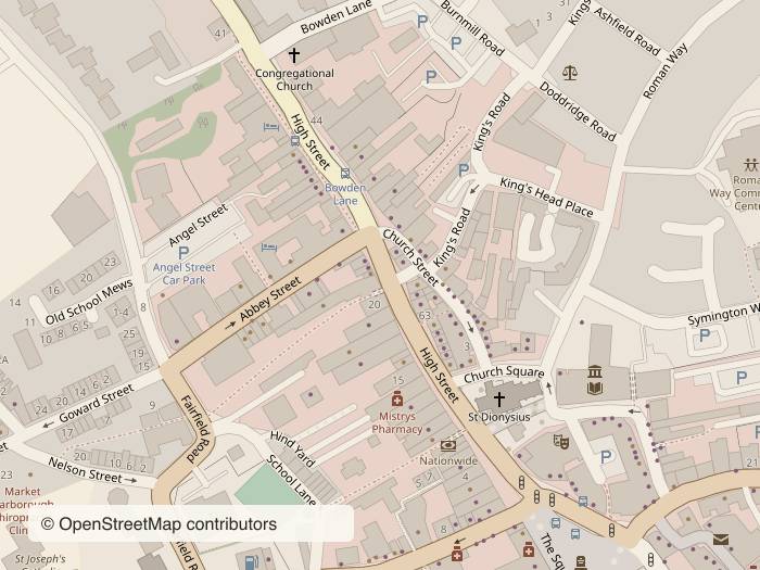 Street map around The Three Swans, 21 High St, Market Harborough LE16 7NJ, with stop 6 marked. Opens Google Maps.