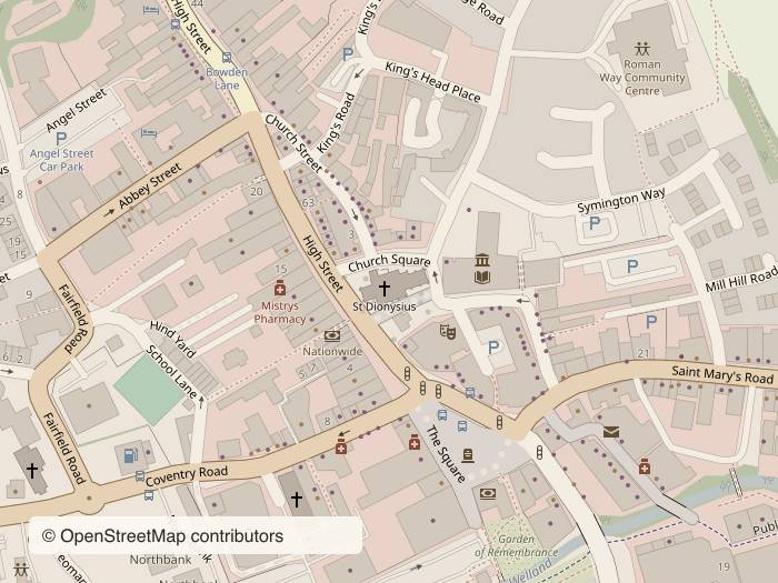 Street map around 1 Church Square, Market Harborough LE16 7NB, with stop 7 marked. Opens Google Maps.