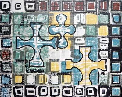 Detail of William Gordon’s abstract tile mural, with black-outlined cross shapes in blue, teal and yellow