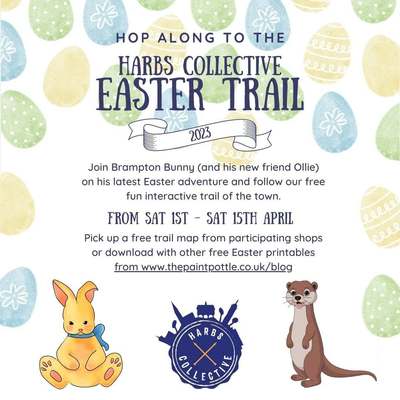 Poster for the Harbs Collective Easter Trail 2023, 1 to 15 April, with Brampton Bunny and his otter friend Ollie