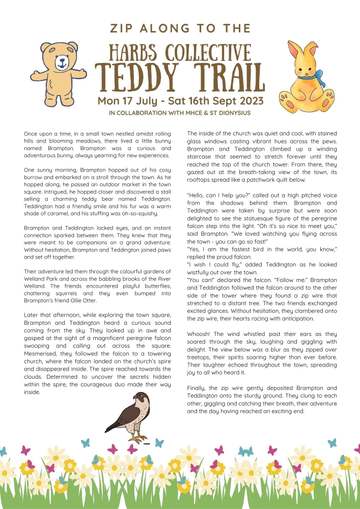 Harbs Collective Teddy Trail 2023 story sheet about Brampton Bunny and Teddington the teddy bear riding a zip wire from the church tower.