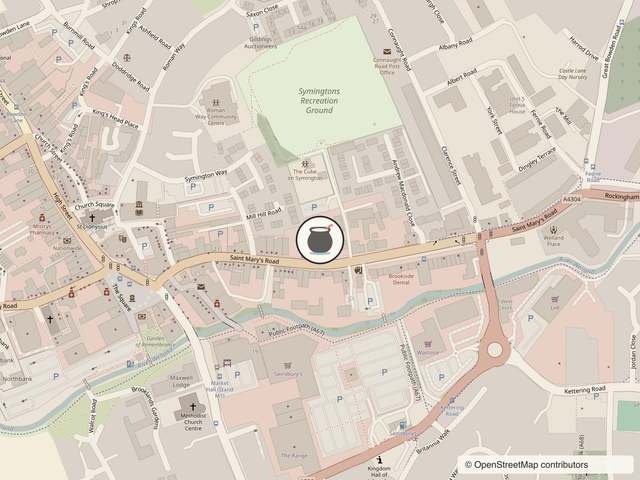 Street map of St Mary’s Road, Market Harborough, with a pot marking The Paint Pottle at The Village, next to Symington’s Recreation Ground. Opens Google Maps.