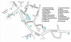 Map of Market Harborough town centre from the Harbs Collective Kids Art Trail 2026 sheet, with 20 numbered shops and a list of their names