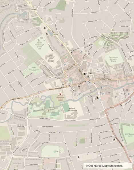 Street map of Market Harborough with the ten Art Trail stops numbered: seven in and around the town centre, number 2 on Walcot Road, number 3 on Farndon Road and number 10 at Union Wharf. A pot marks The Paint Pottle on St Mary’s Road.