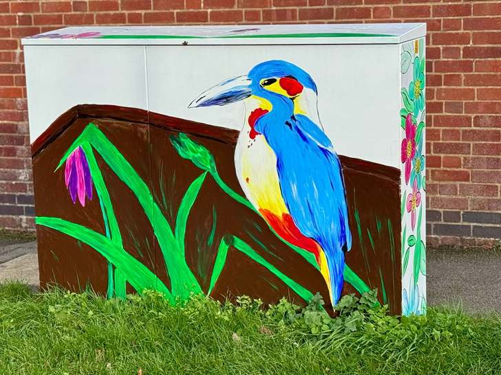 Utility cabinet painted with a large blue kingfisher-like bird against a brown hillside and green grass, Walcot Road