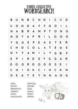 Harbs Collective Easter wordsearch with 12 words including Brampton, Peggy, chocolate and daffodil